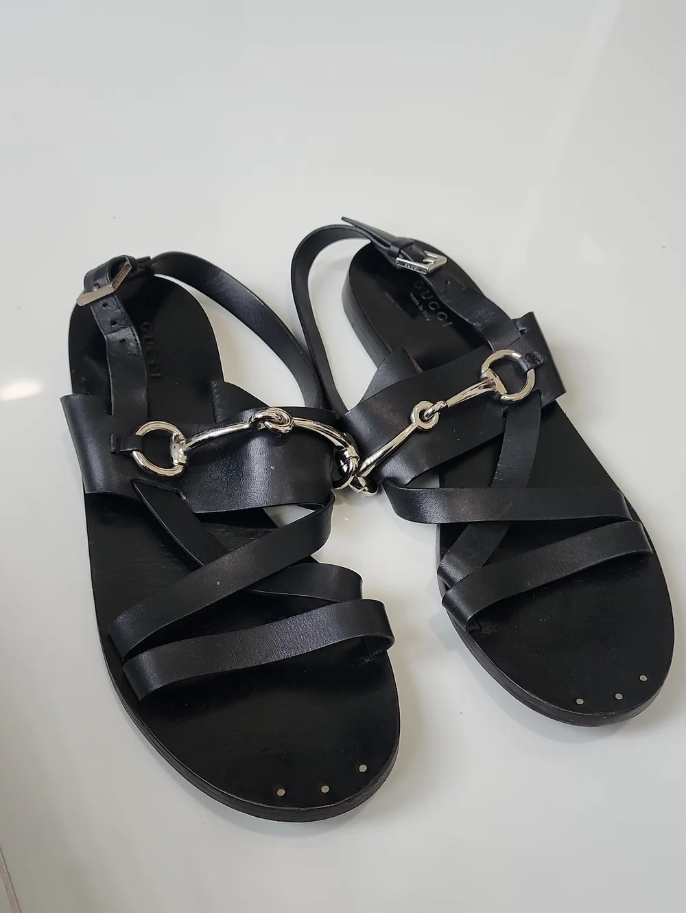 GUCCI Juliette Black Leather Horsebit Sandals